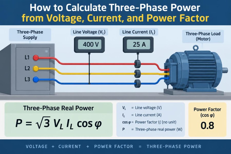⚡ How to Calculate Three-Phase Power from Voltage, Current, and Power Factor