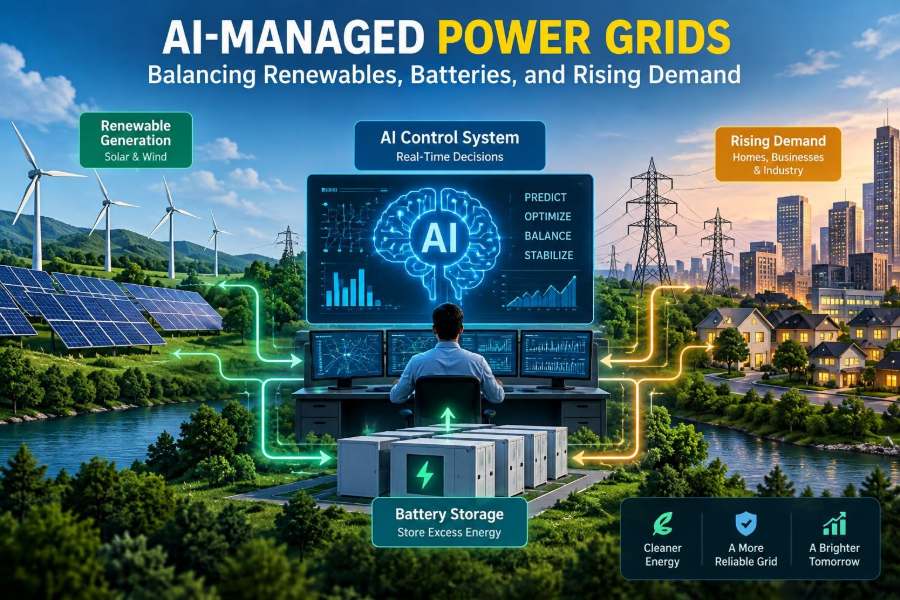 ⚡ AI-Managed Power Grids: How Intelligent Systems Are Balancing Renewables, Batteries, and Rising Demand
