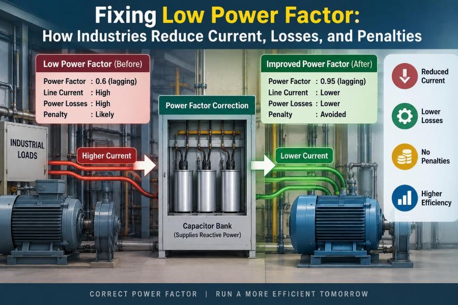 ⚡ Fixing Low Power Factor: How Industries Reduce Current, Losses, and Penalties