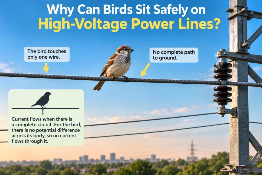 ⚡ Have You Ever Wondered Why Birds Can Sit Safely on High-Voltage Power Lines?