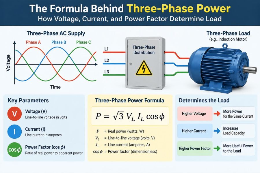 ⚡ The Formula Behind Three-Phase Power: How Voltage, Current, and Power Factor Determine Load