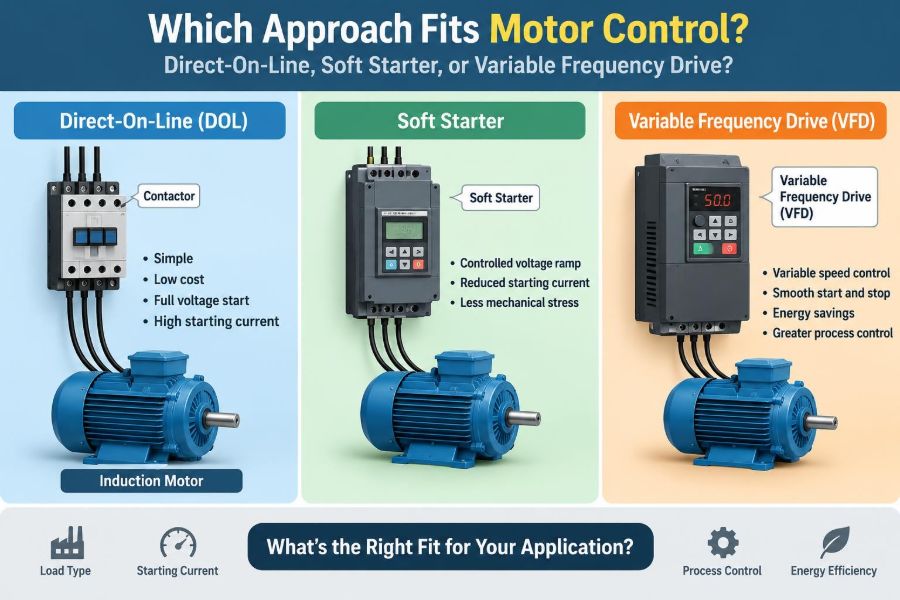 ⚡ Which Approach Fits Motor Control: Direct-On-Line, Soft Starter, or Variable Frequency Drive?