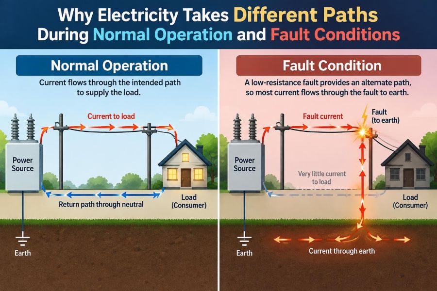 ⚡ Why Electricity Takes Different Paths During Normal Operation and Fault Conditions